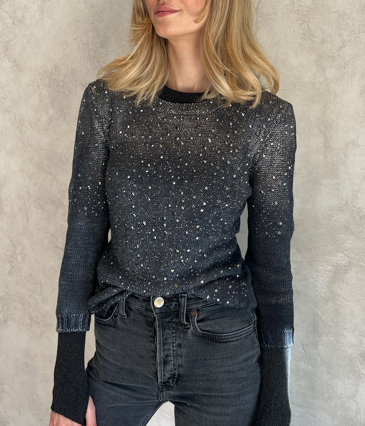 *FINAL SALE* Linen Round Neck Pullover w Studs in Blue Navy