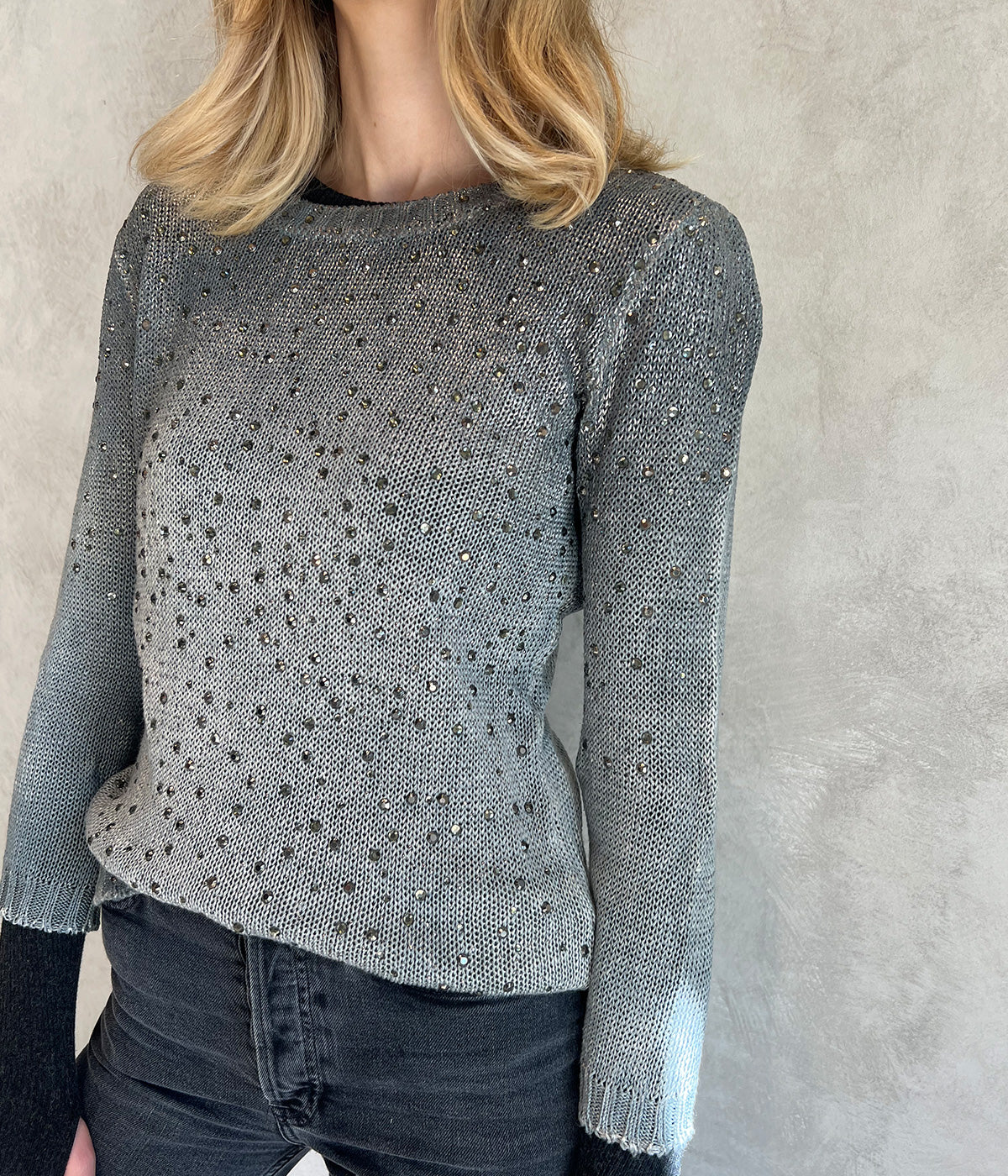 *FINAL SALE* Linen Round Neck Pullover w Studs in Ghiaccio