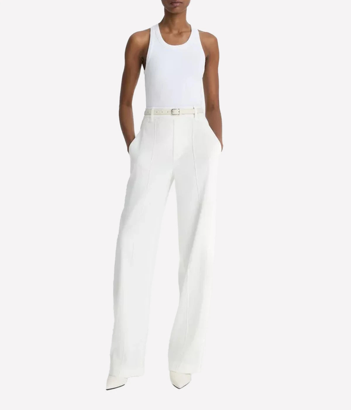 Vince high-waisted wide-leg pull-on linen-blend trousers with elasticised back waistband in a natural tone – women’s easy tailored pants.