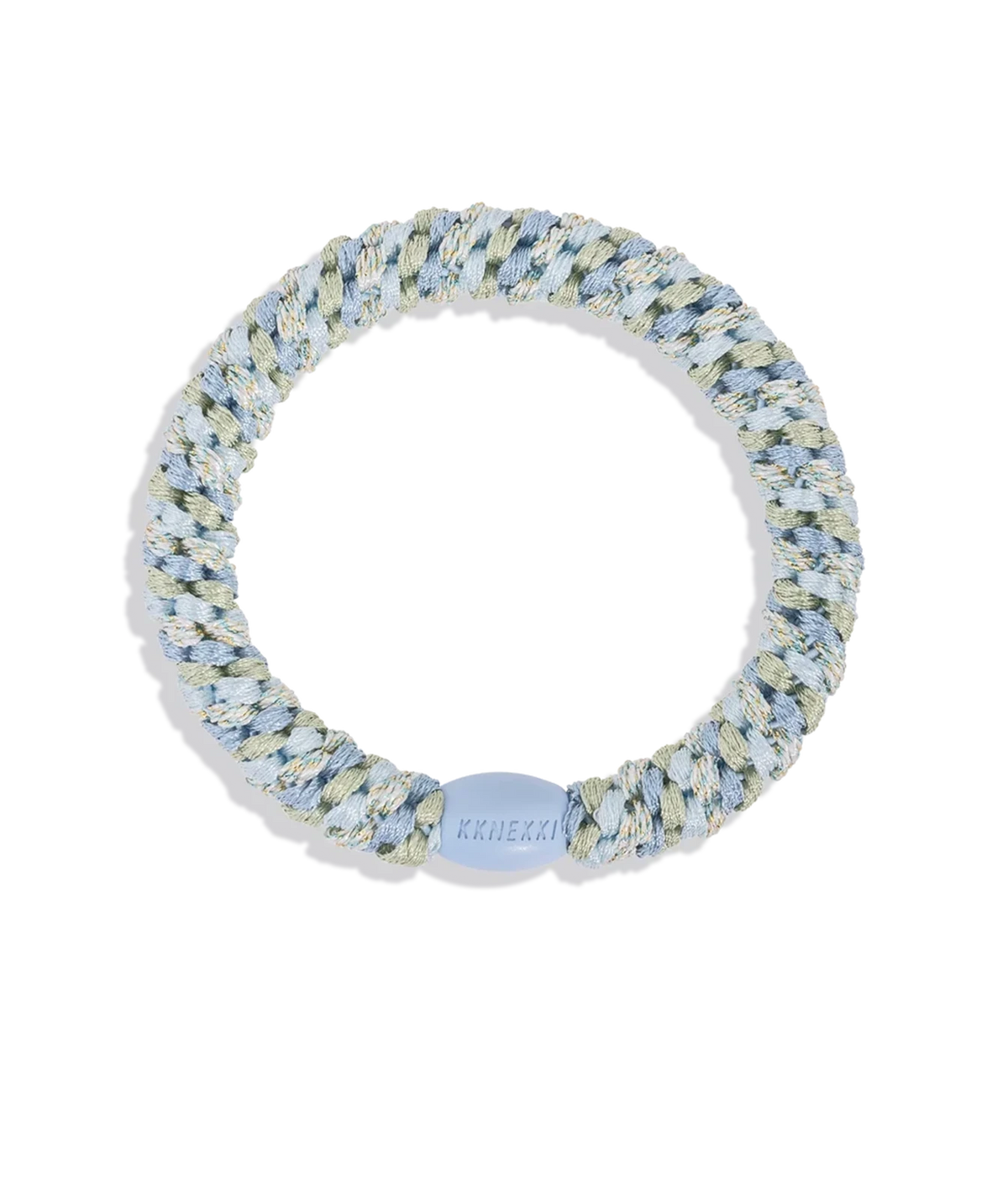 A KKNEKKI braided elastic bracelet in a light blue, white, and olive green marled pattern, featuring a smooth light blue plastic bobble