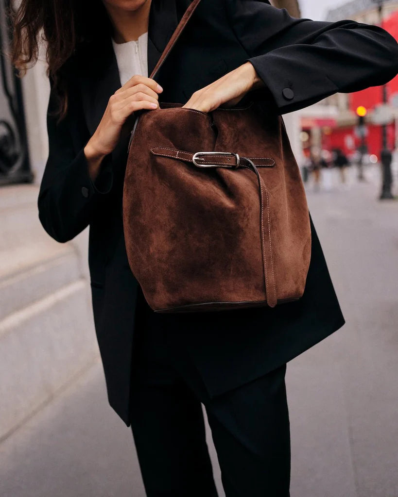 Belted Bucket Bag Large in Dark Brown