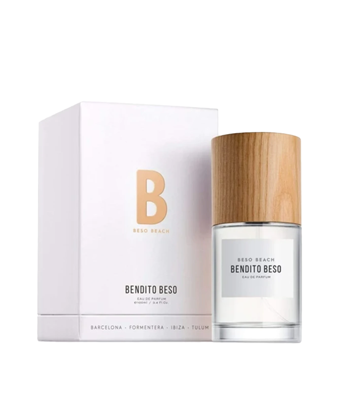 Bento Beach 'Bendito Beso' Eau de Parfum shown with its white packaging box and clear glass bottle featuring a light wood cap, on a solid white background.