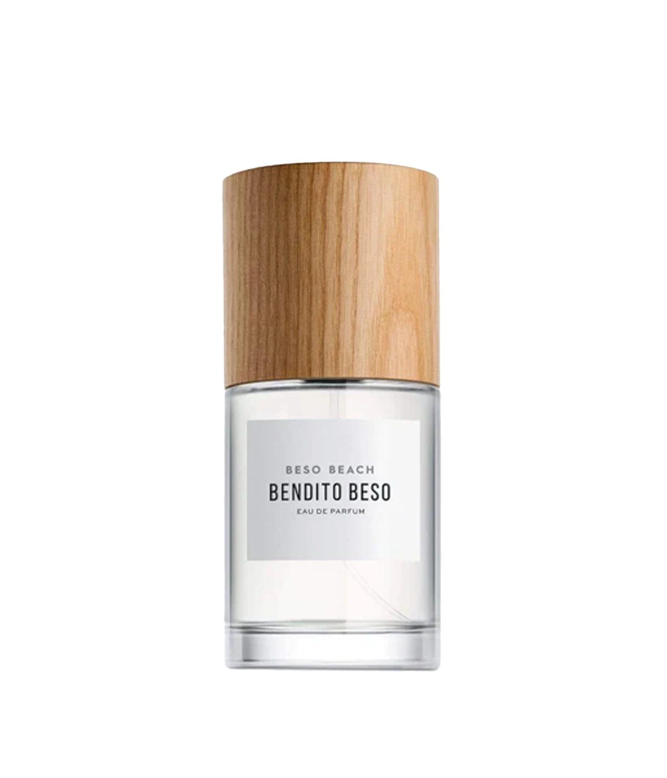 Bentoño Beso Eau de Parfum by Beso Beach, in a clear glass bottle with a light wood grain cap and a white label.