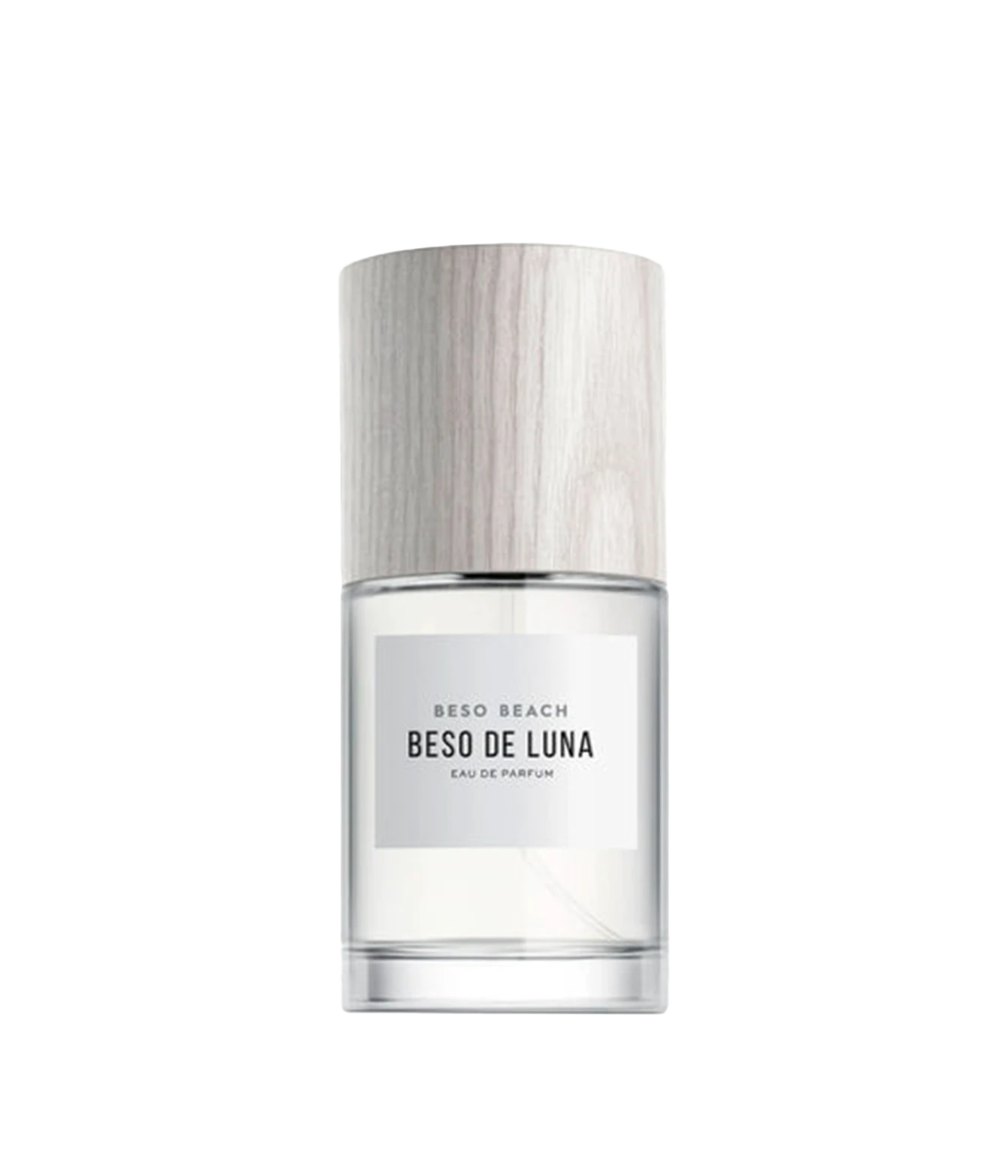 Beso Beach Beso de Luna Eau de Parfum in a clear glass bottle with a light wood-textured cap and a minimalist white label.