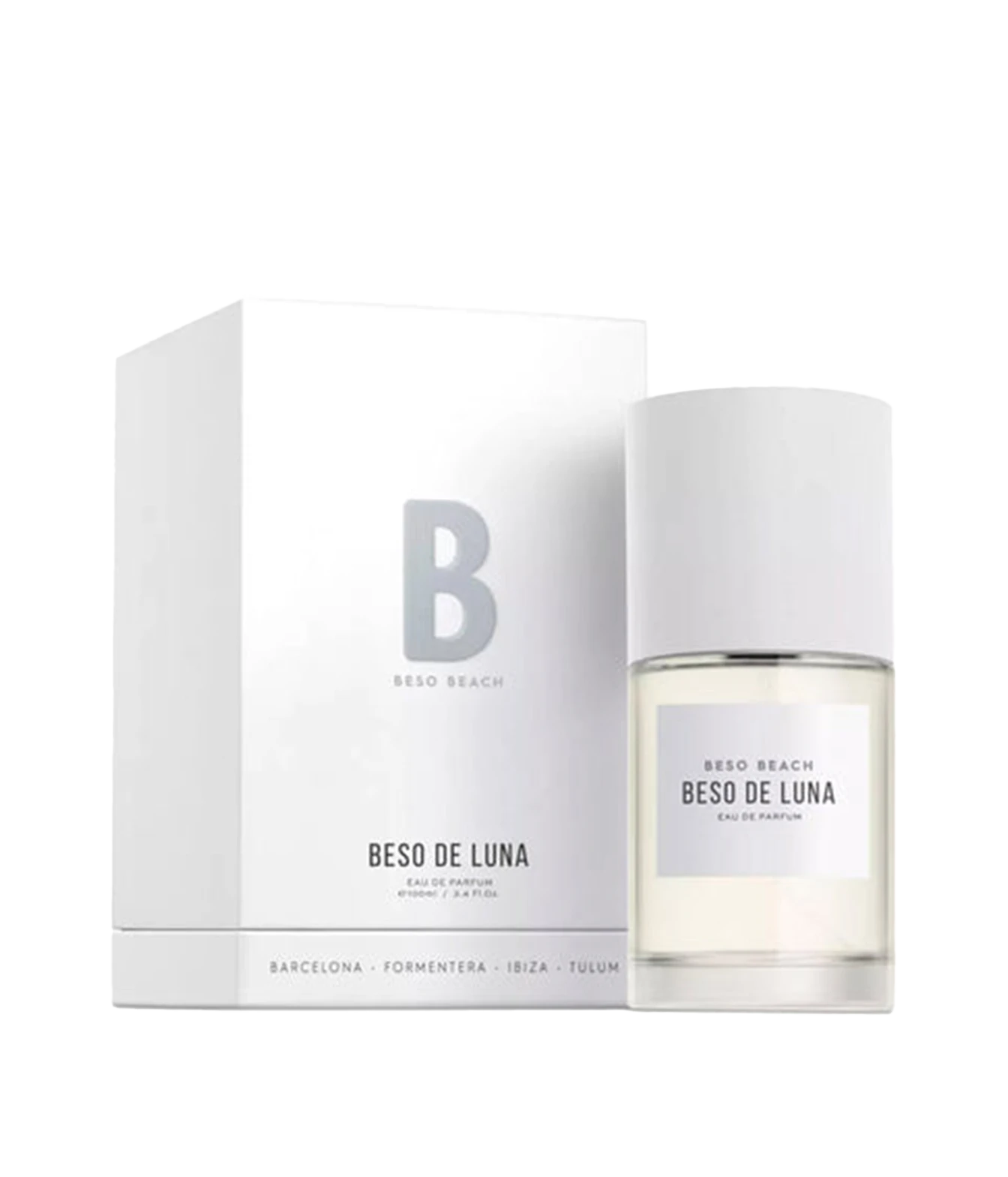Beso de Luna Eau de Parfum by Beso Beach, shown with its white packaging box and the clear glass perfume bottle with a white cap on a white background.