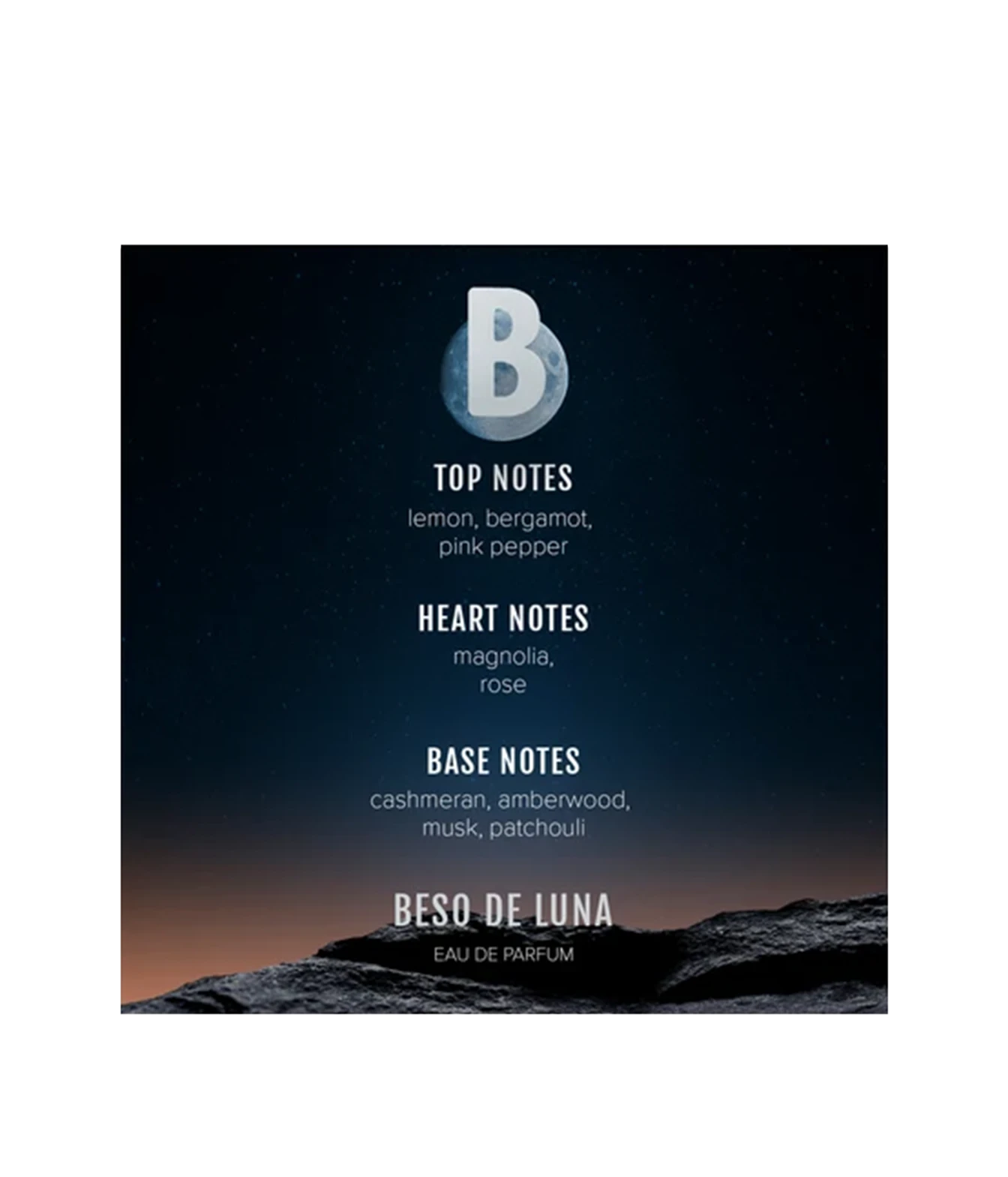 A square fragrance label for Beso de Luna Eau de Parfum, featuring a dark starry sky and rocky horizon with scent notes listed below a large letter B logo.