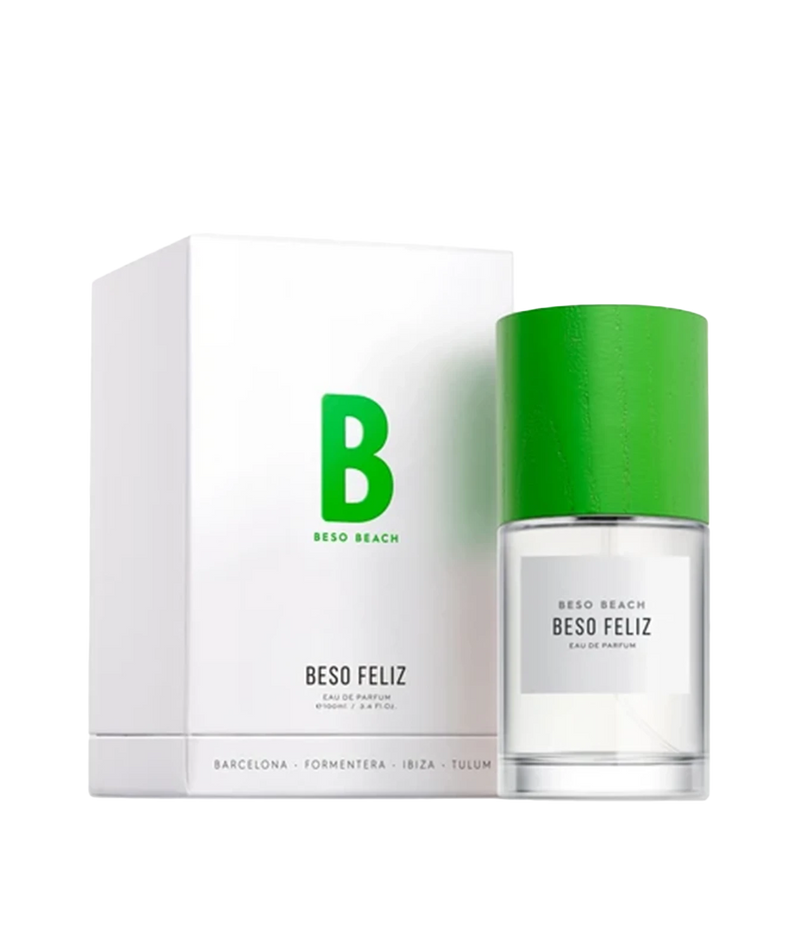Beso Feliz Eau de Parfum by Beso Beach, featuring a clear glass bottle with a vibrant green cap next to its white packaging box with a large green 'B' logo.