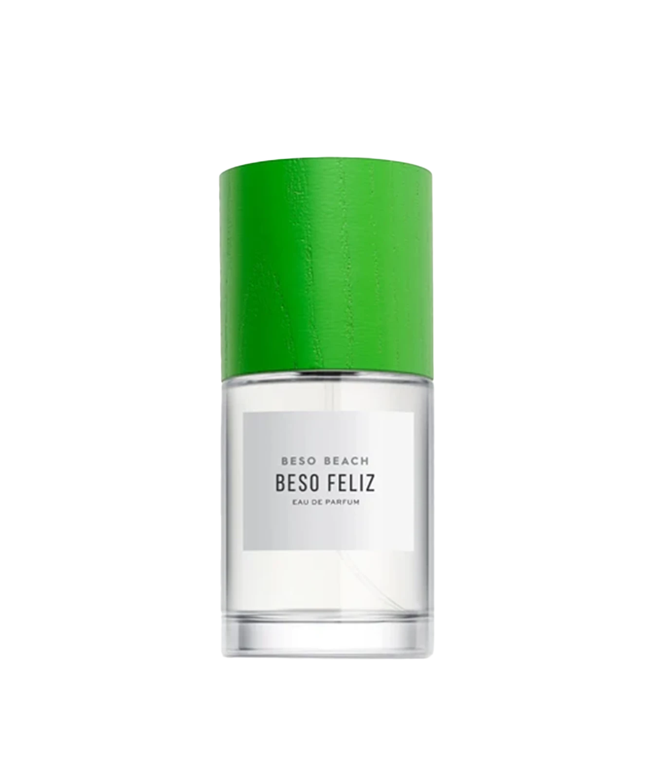 Beso Beach Beso Feliz Eau de Parfum in a clear glass bottle with a vibrant green textured cap and a white label.