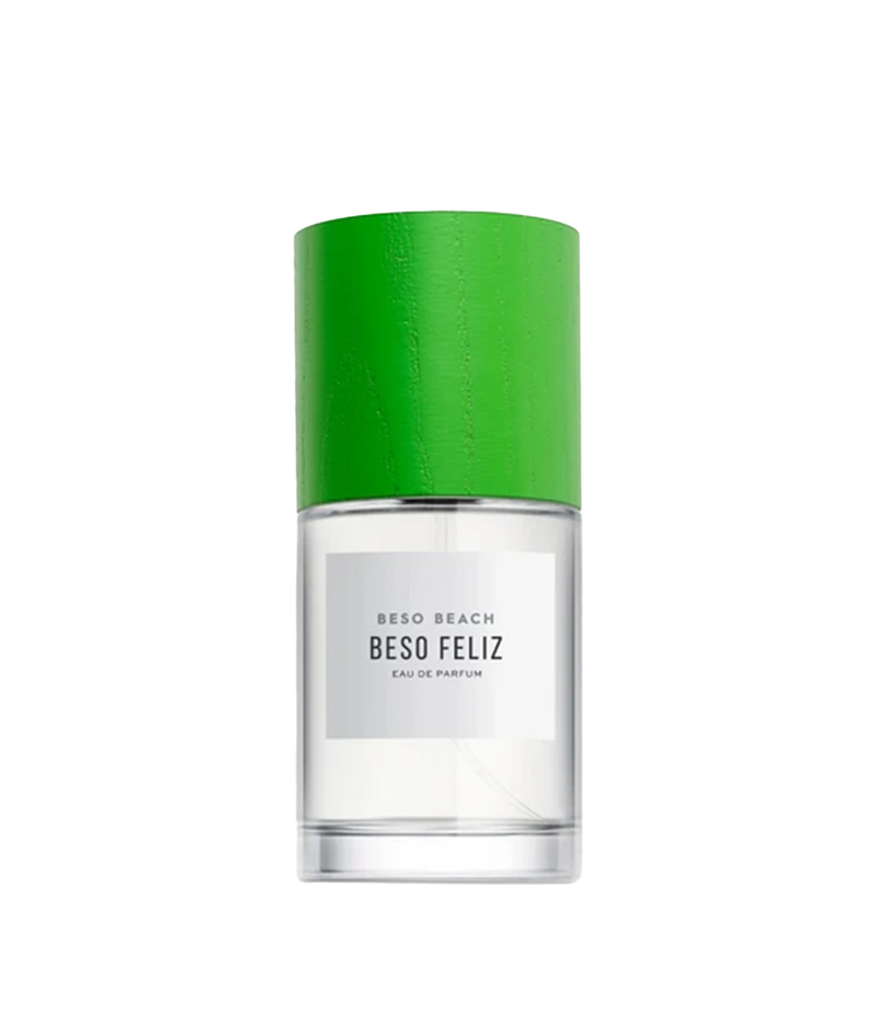 Beso Beach Beso Feliz Eau de Parfum in a clear glass bottle with a vibrant green textured cap and a white label.