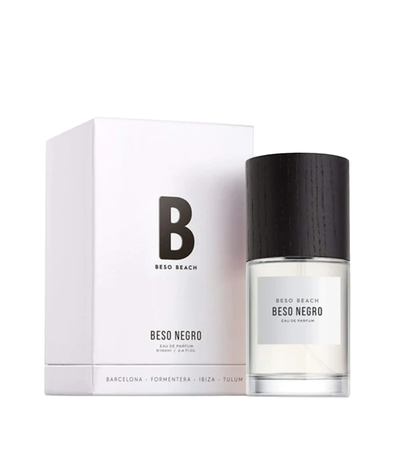 Beso Beach Beso Negro Eau de Parfum bottle with a black cap next to its white packaging box, featuring a minimalist black 'B' logo on a clean white background.