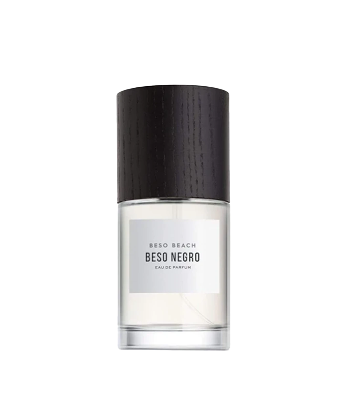A bottle of Beso Beach Beso Negro Eau de Parfum with a textured black cap and a minimalist white label, shown on a solid white background.