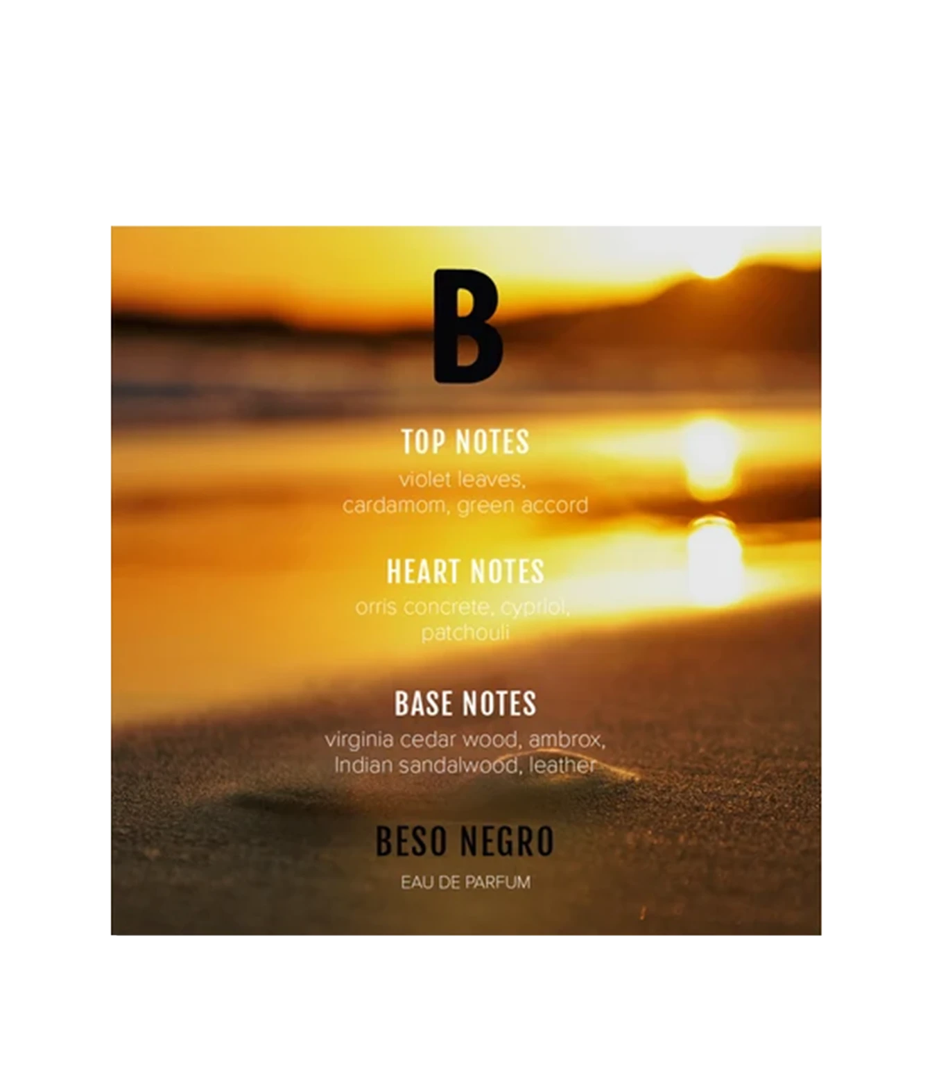 A square fragrance card for Beso Negro Eau de Parfum, featuring a warm golden sunset beach scene with white and black text detailing the scent notes.