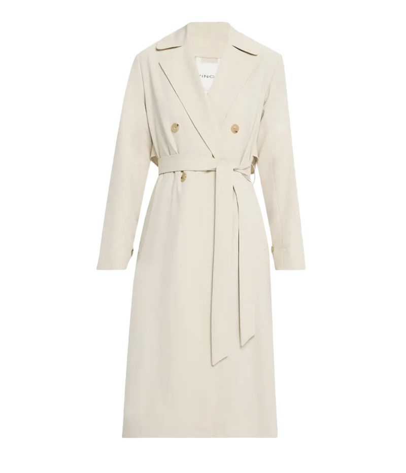 Vince lightweight women's trench coat in beige with classic button-front, self-tie belt, storm flap, and adjustable cuffs – breathable viscose-blend outerwear