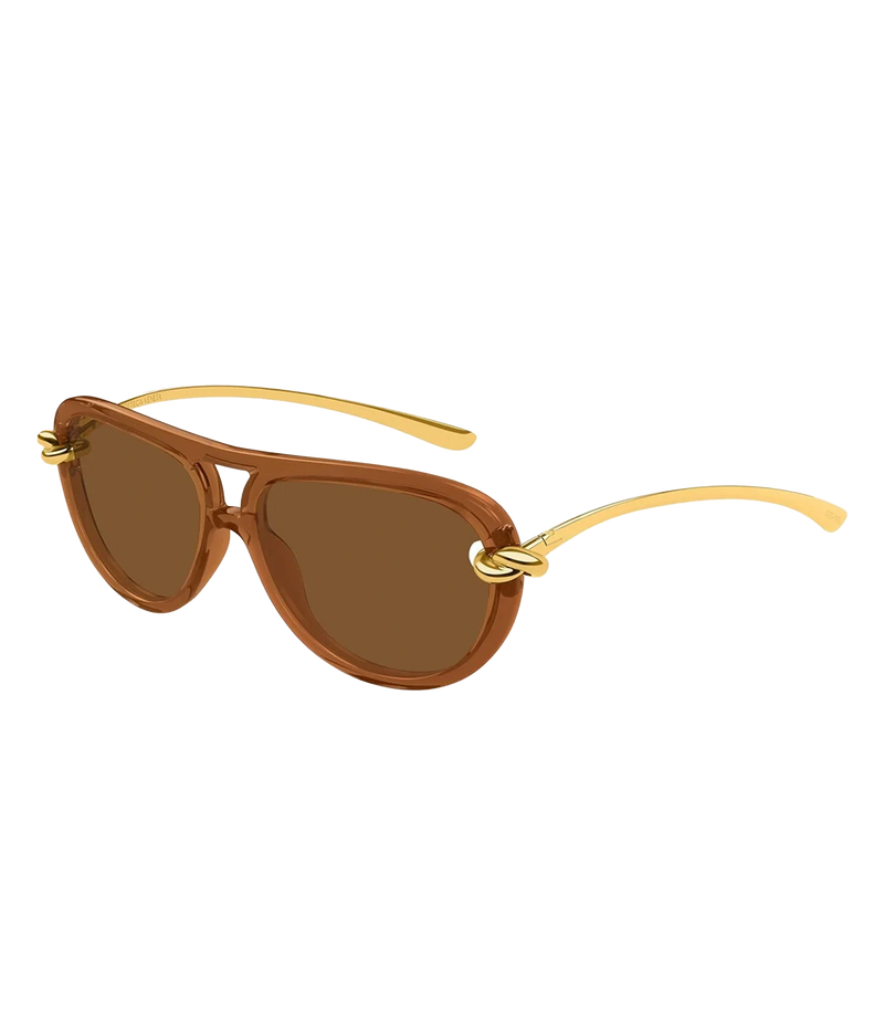 Bottega Veneta Knot Aviator Sunglasses in Brown with translucent brown frames, brown lenses and gold-tone metal temples