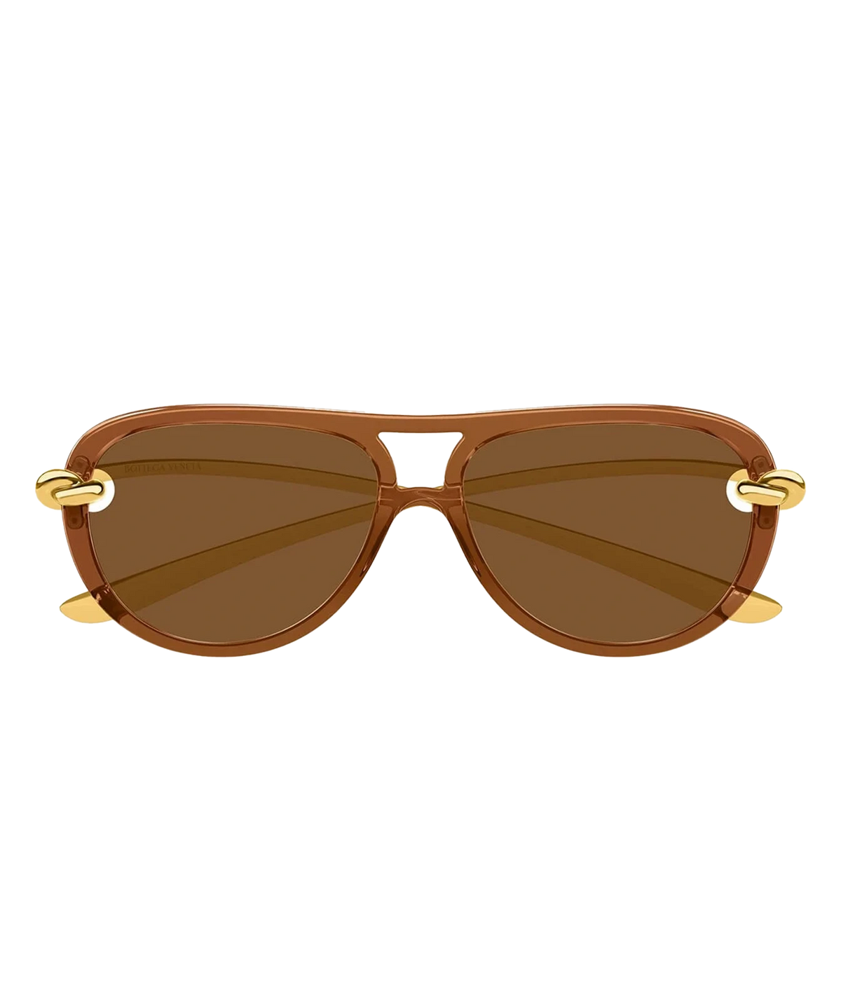 Bottega Veneta Knot Aviator Sunglasses in Brown with a translucent brown frame, brown lenses and gold-tone metal temple details.