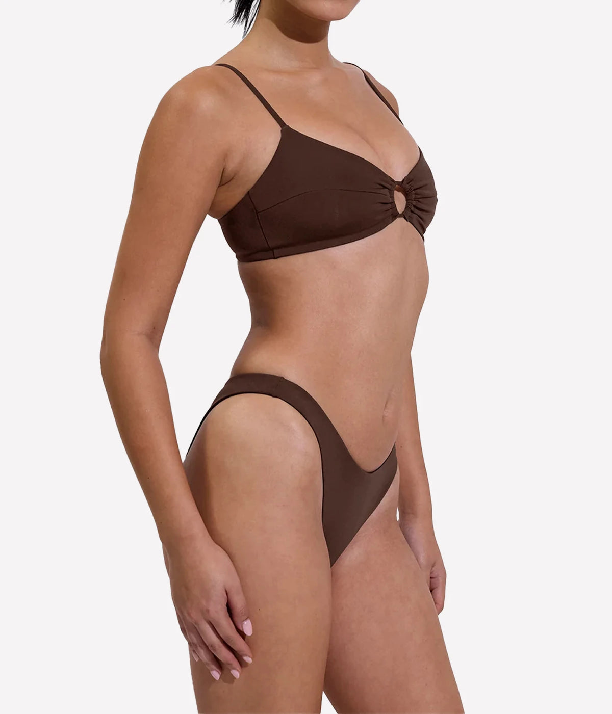 Model wearing the Coco Top in Cold Brew with matching bottoms, side view.