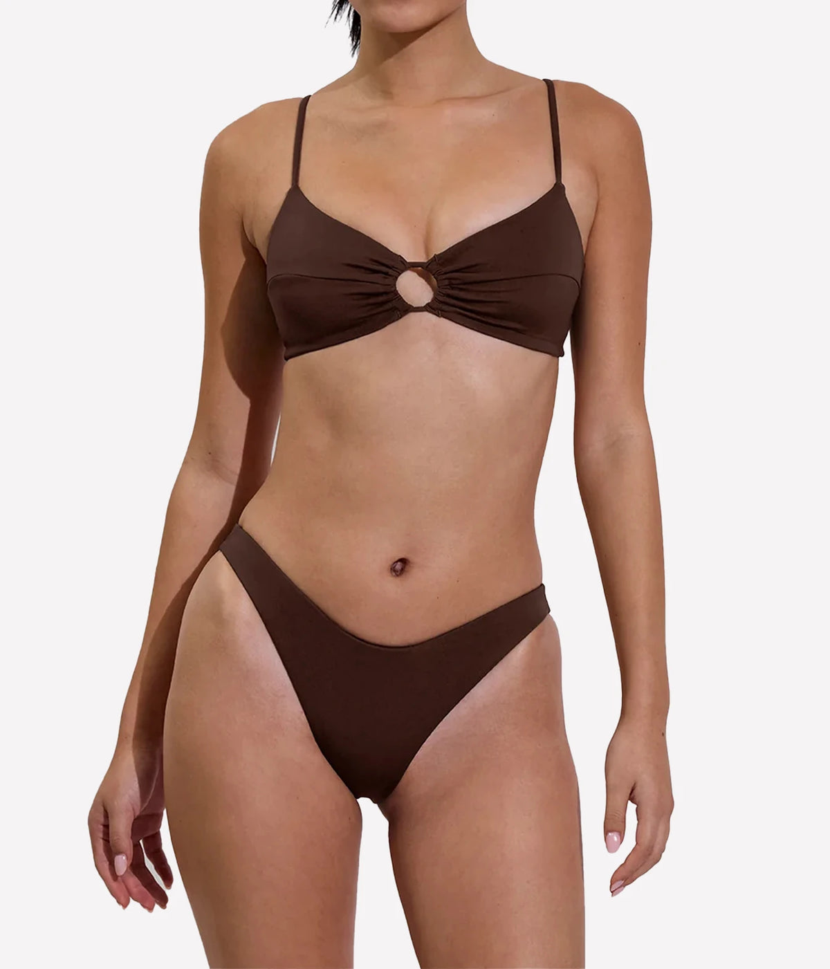 Model wearing the Coco Top in Cold Brew with matching bikini bottoms, full front view.