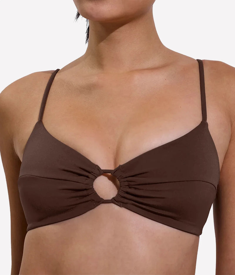 Close-up of the Coco Top in Cold Brew showing the gathered front and centre ring detail.