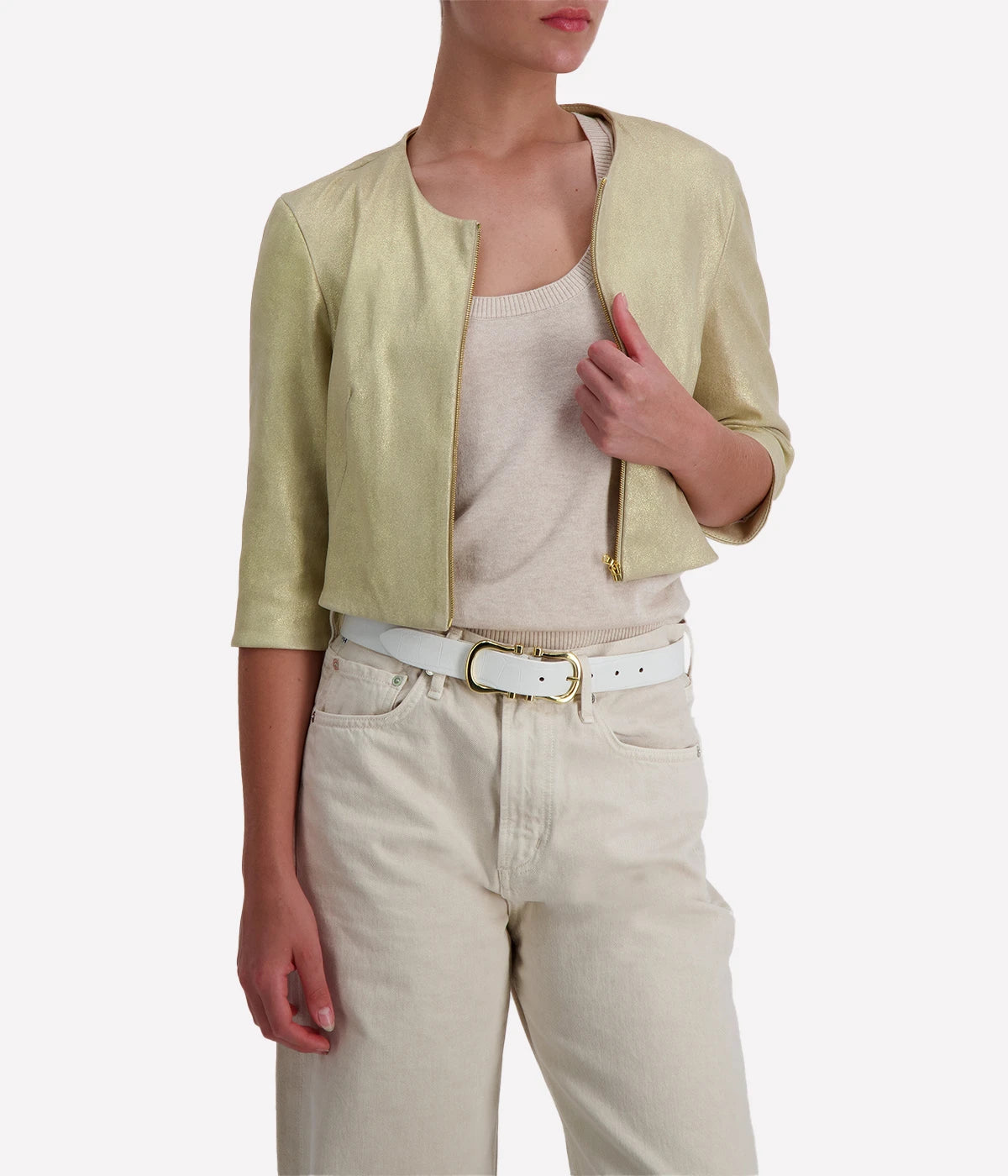 Cropped Cardigan Leather Jacket in Pale Gold