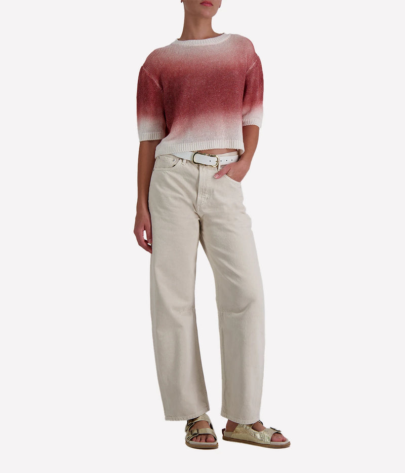 Cropped women’s knit tee by Avant Toi in ombré moscato tones, featuring a relaxed fit, short sleeves, and lightweight 100% linen fabric. Made in Italy.