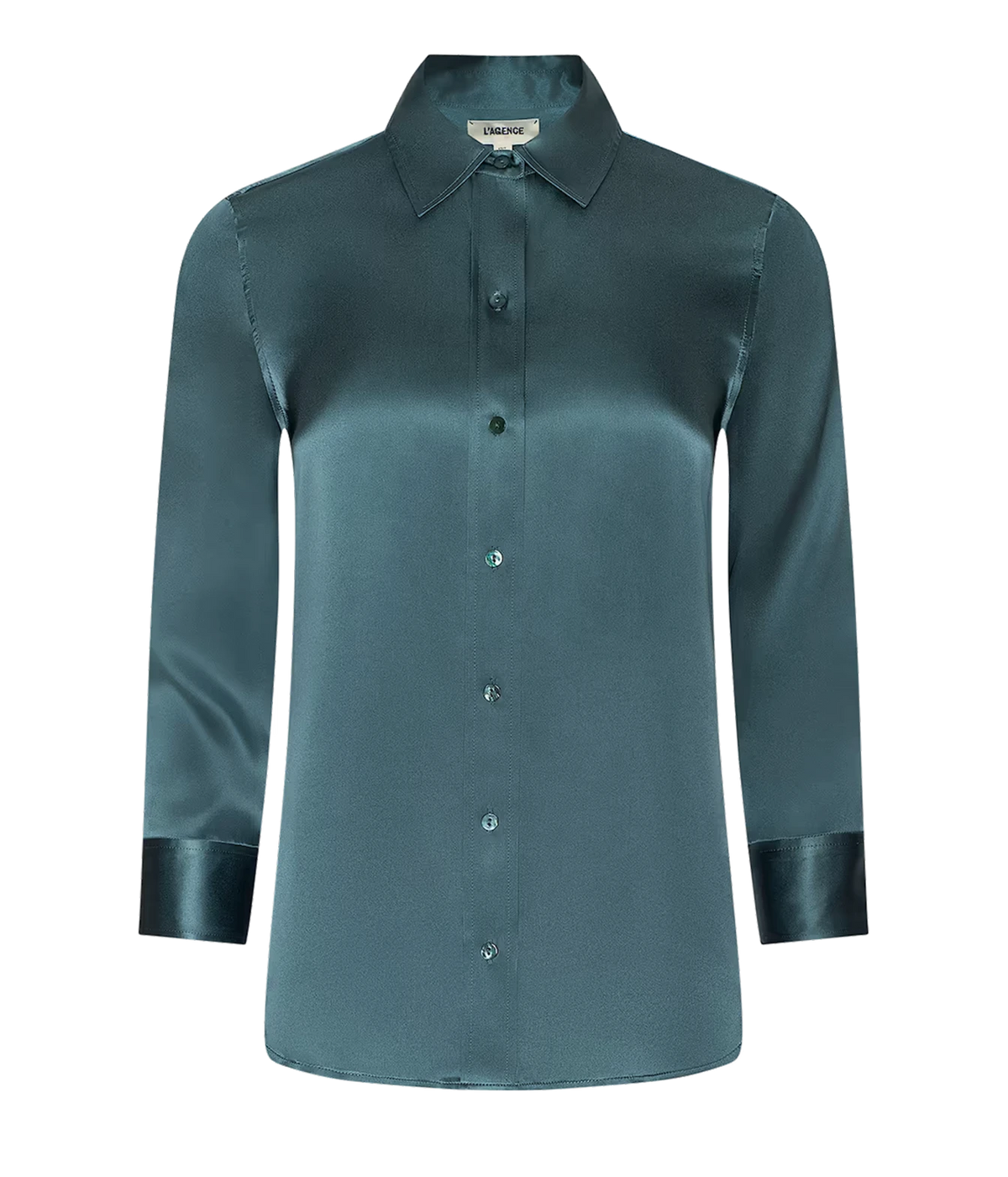 Dani 3/4 Sleeve Blouse In Cadet Blue Lagence - flat lay image of a blue teal coloured 3/4 sleeve silk blouse