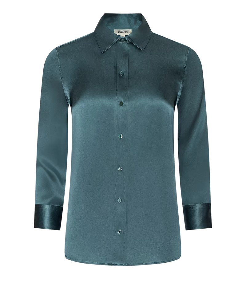 Dani 3/4 Sleeve Blouse In Cadet Blue Lagence - flat lay image of a blue teal coloured 3/4 sleeve silk blouse