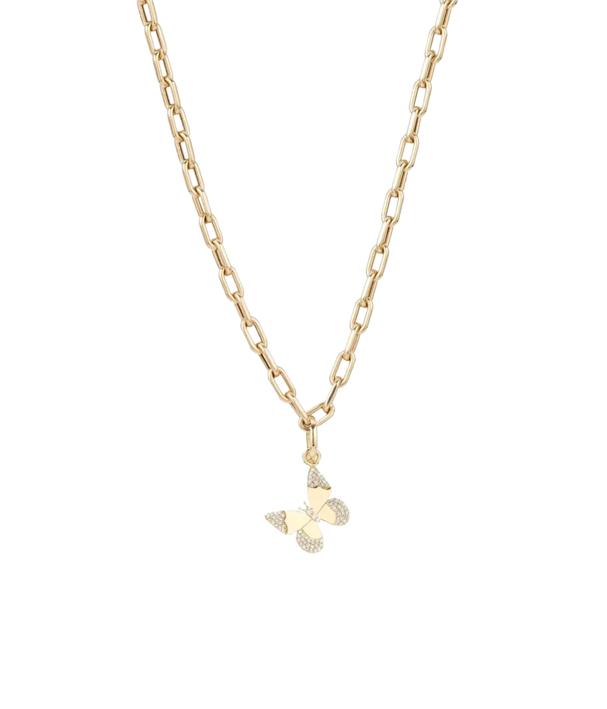 Adina Reyter Diamond Butterfly Charm in 14k Yellow Gold hanging as a pendant from a gold paperclip chain necklace, front view