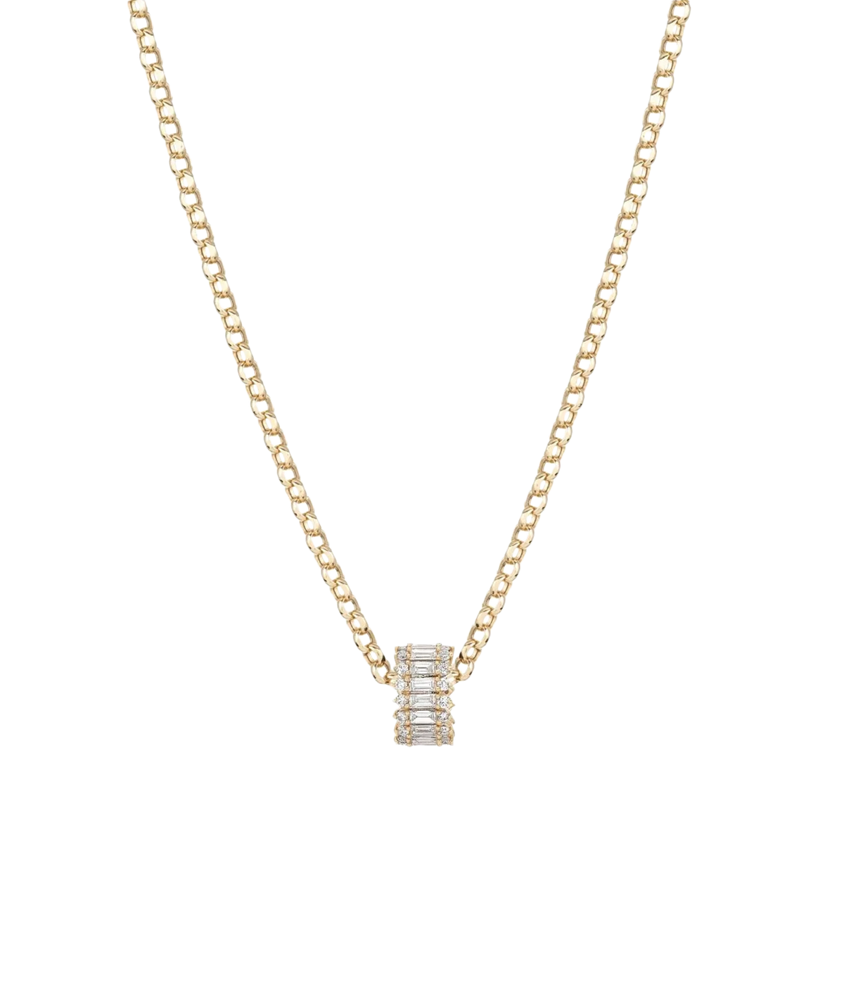 Adina Reyter Diamond Full Stack Baguette Big Bead in 14K Yellow Gold hanging from a delicate gold chain necklace