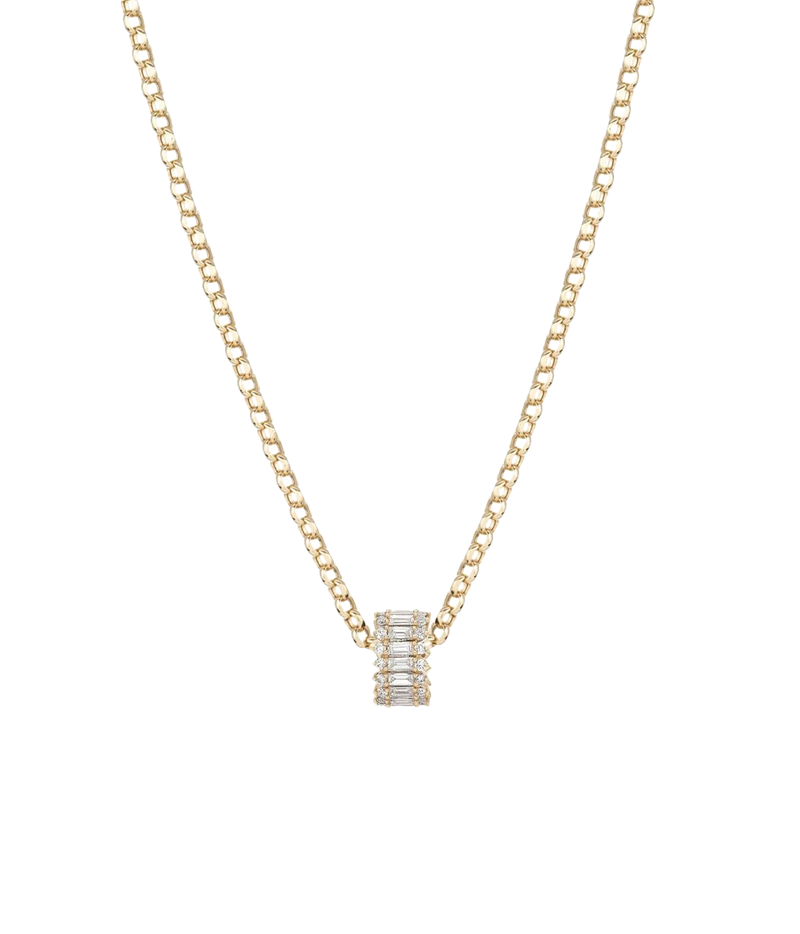 Adina Reyter Diamond Full Stack Baguette Big Bead in 14K Yellow Gold hanging from a delicate gold chain necklace