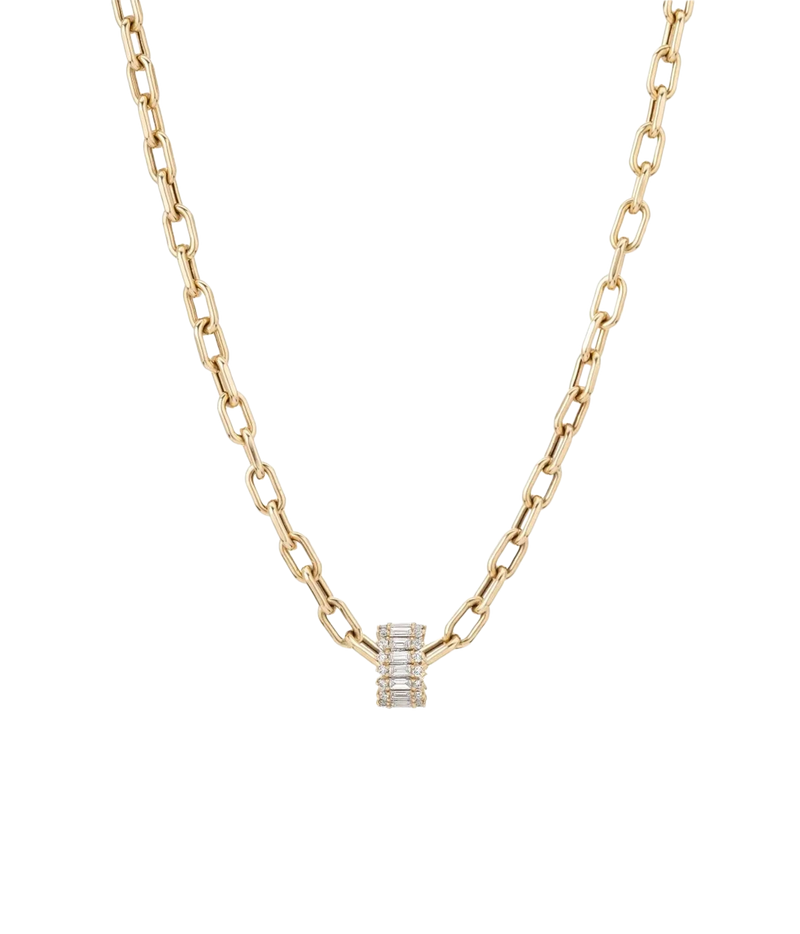 Adina Reyter Diamond Full Stack Baguette Big Bead in 14K Yellow Gold threaded onto a bold gold paperclip chain
