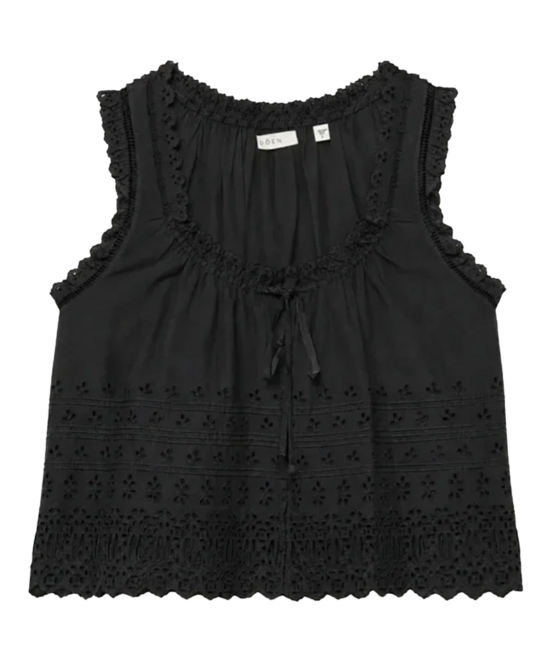 A black sleeveless eyelet lace top with a scoop neckline, tie-front detail, and scalloped edges, shown flat against a white background.