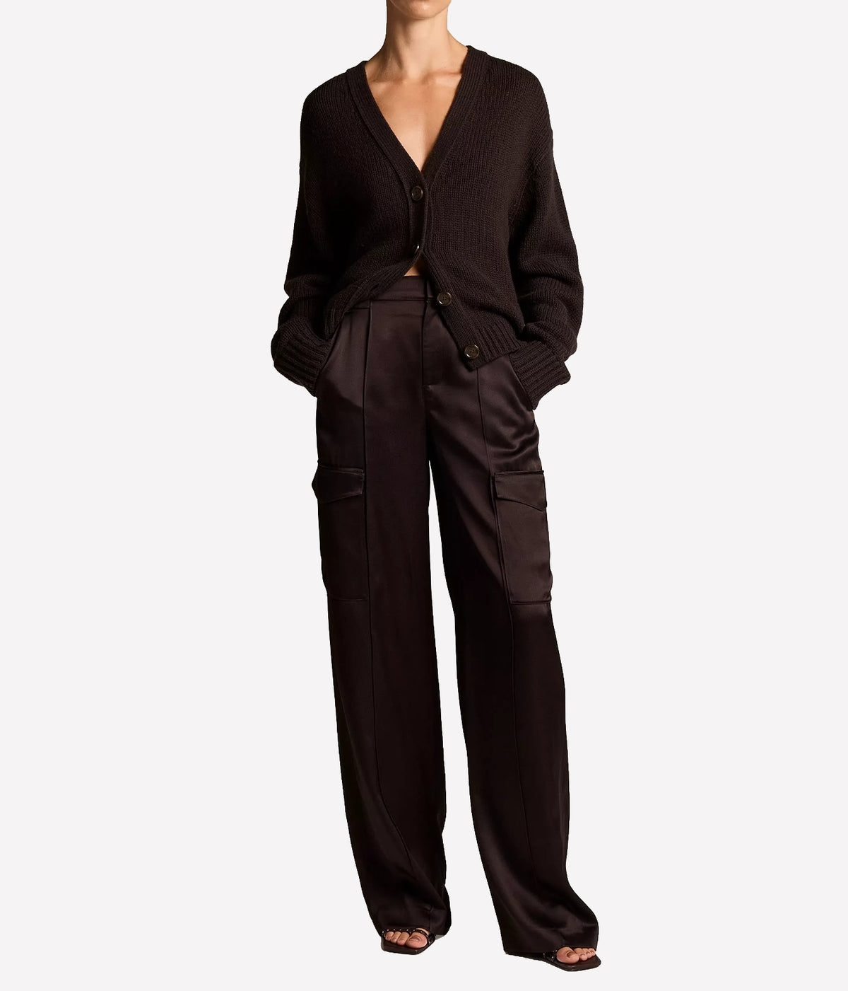Model wearing the Vince High Waisted Trouser In Cinderwood with a matching button-front long-sleeve top, hands in pockets