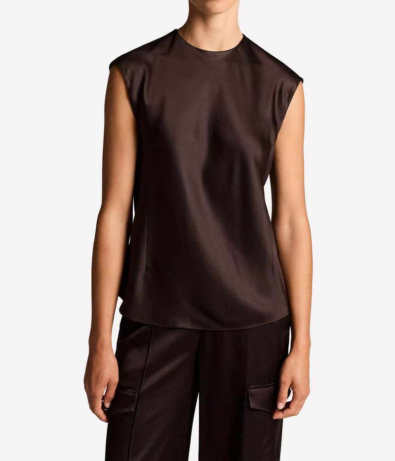 Model wearing the Vince Relaxed Cap Sleeve Top In Cinderwood with matching wide-leg cargo trousers