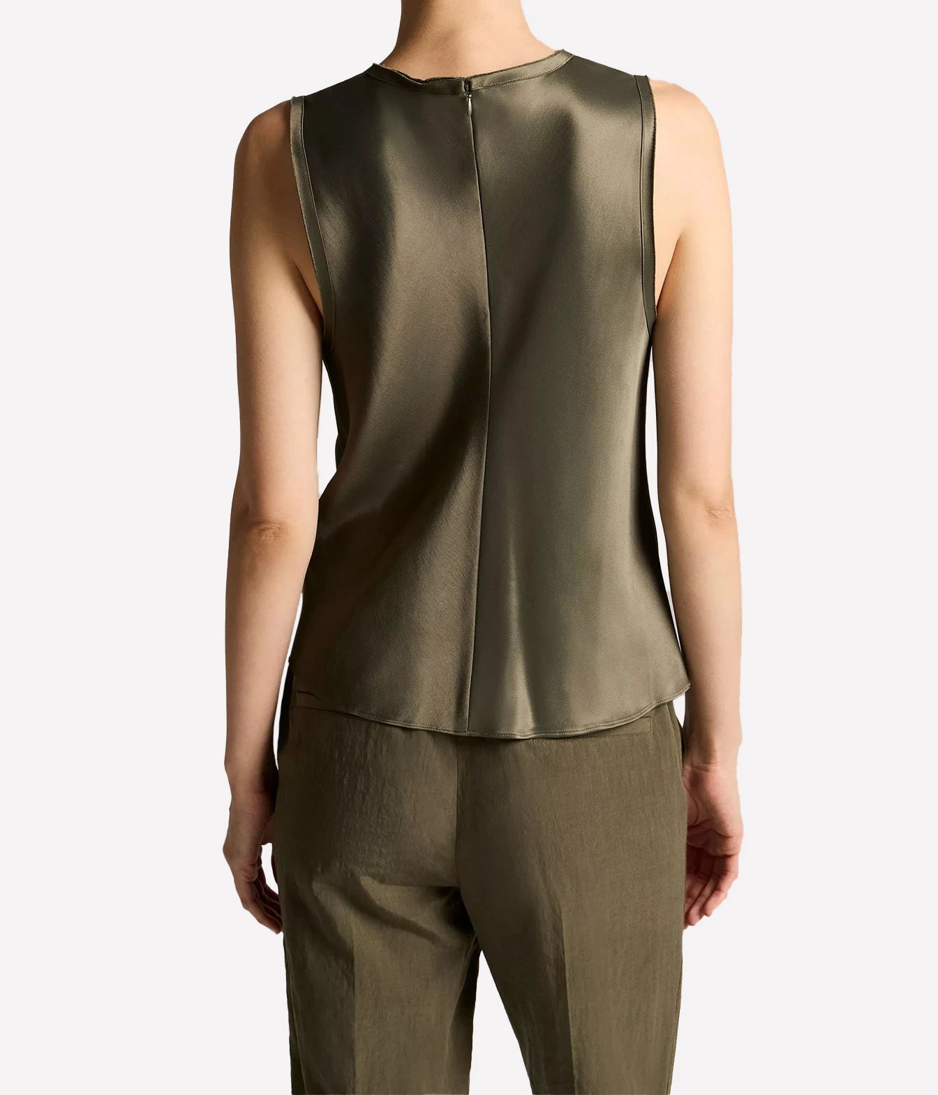A model shown from the back wearing a sleeveless olive green satin top