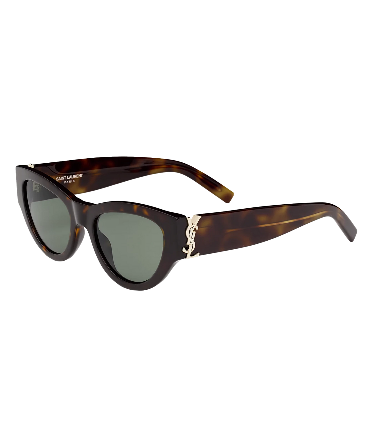 Angled side view of Saint Laurent SL M94/F Cat-Eye Sunglasses in Havana and Green showing the thick acetate frame and temples