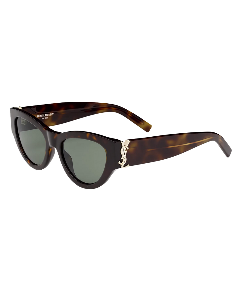 Angled side view of Saint Laurent SL M94/F Cat-Eye Sunglasses in Havana and Green showing the thick acetate frame and temples