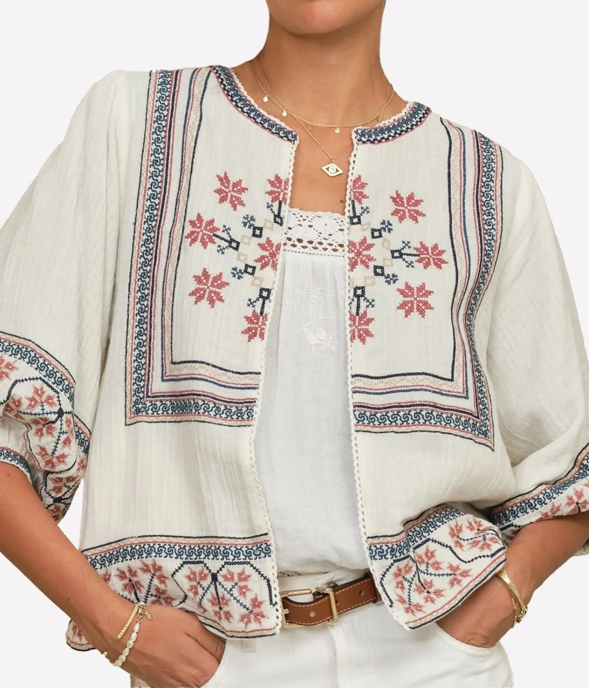 M.A.B.E Calista Embroidered Jacket in Ecru Multi – close-up of cross-stitch embroidery