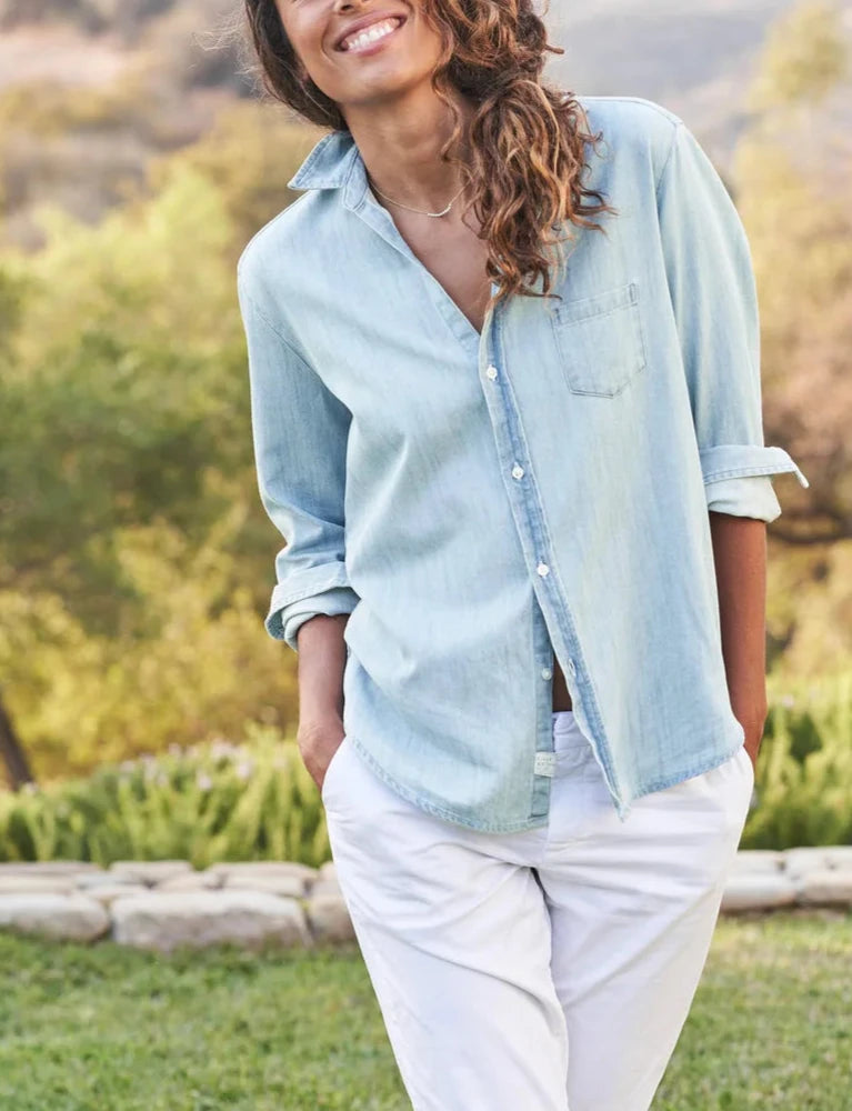 Eileen Woven Denim Button Up in Classic Blue Wash