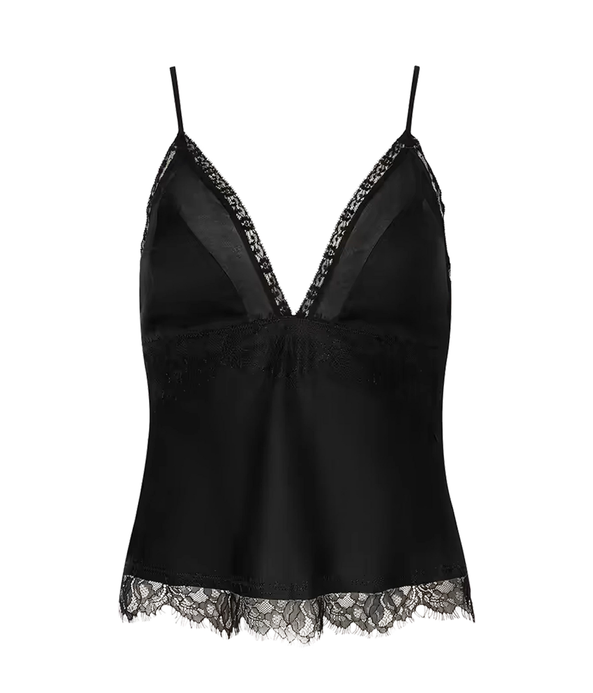L'AGENCE Elka Satin Lace Camisole in Black with thin straps, sheer mesh lining, and black lace trim along the neckline and hem.