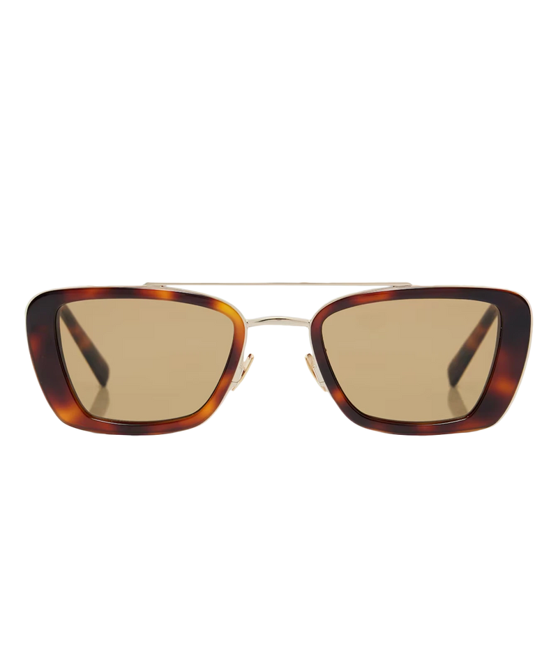 Saint Laurent Erin Sunglasses in Havana with a tortoiseshell frame, gold-tone metal bridge and temples, and light brown lenses.