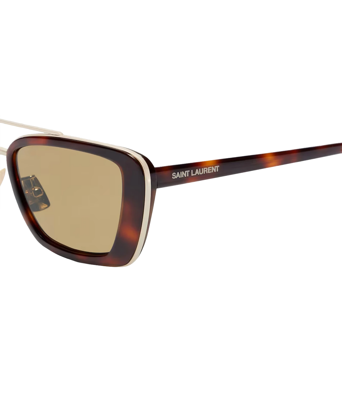 Close-up of Saint Laurent Erin Sunglasses in Havana showing the tortoiseshell frame and gold-tone metal detailing.