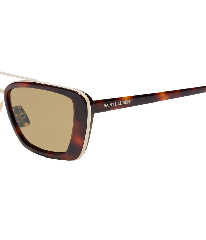 Close-up of Saint Laurent Erin Sunglasses in Havana showing the tortoiseshell frame and gold-tone metal detailing.