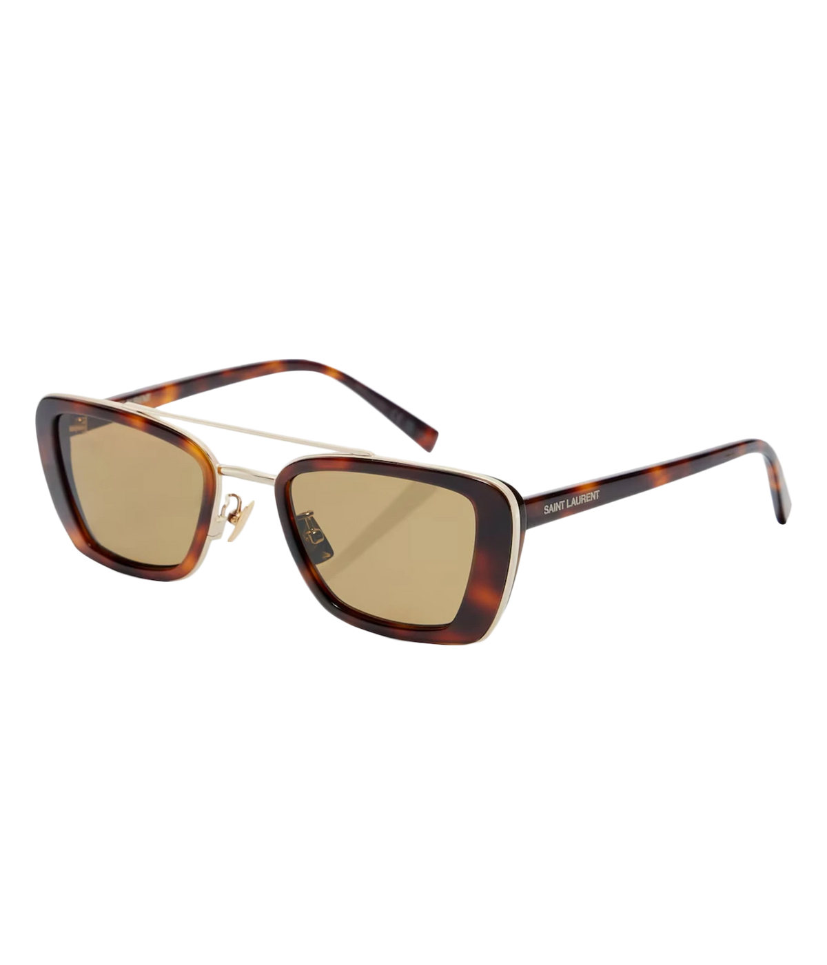 Saint Laurent Erin Sunglasses in Havana with tortoiseshell frames, a gold-tone metal double bridge and warm brown lenses.
