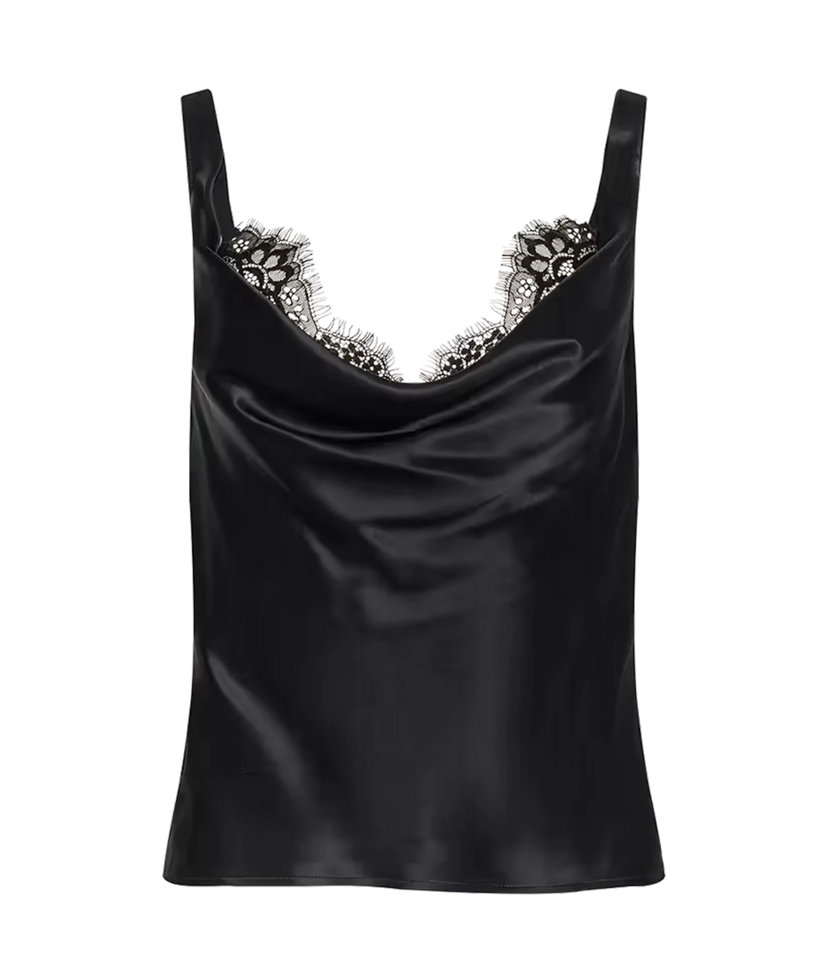 L'AGENCE Evadne Silk Lace Camisole in Black with delicate floral lace trim along the scoop neckline.