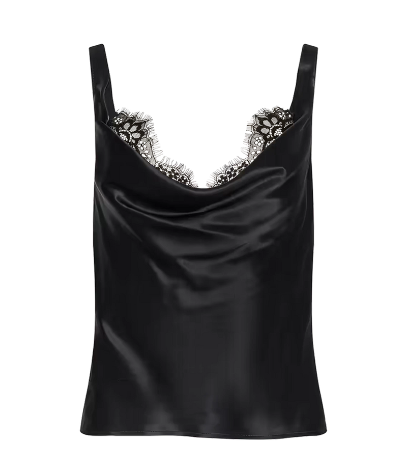 L'AGENCE Evadne Silk Lace Camisole in Black with delicate floral lace trim along the scoop neckline.
