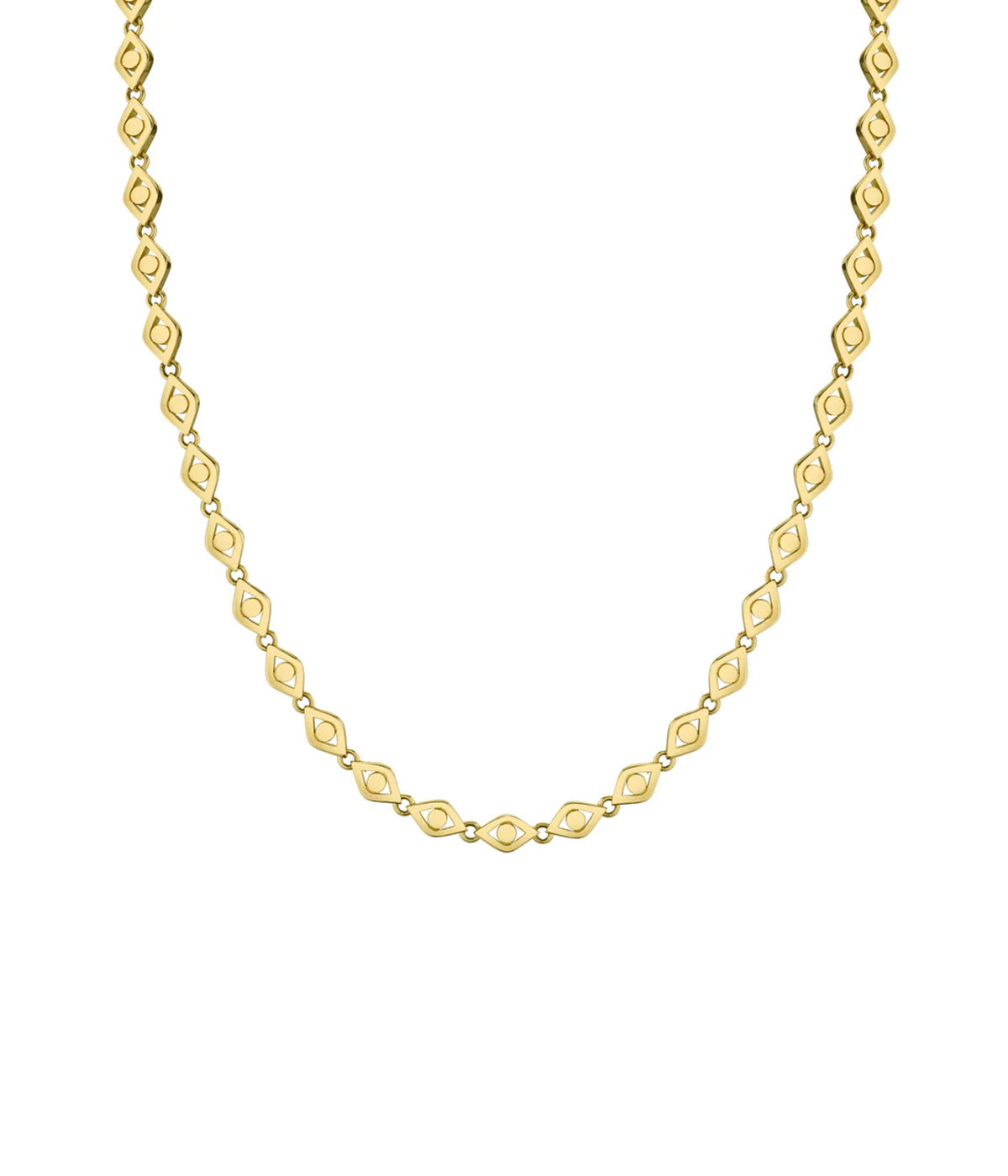 ALT text: 14K yellow gold necklace with small evil eye charms linked throughout.
