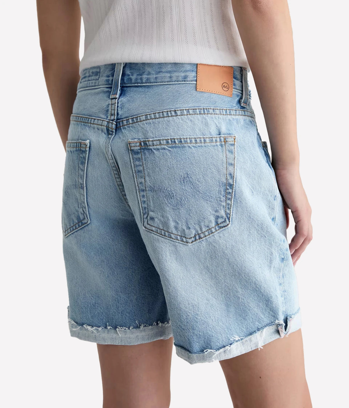 AG Jeans Ex-Boyfriend Short in Soft Focus, close-up of back pocket and patch