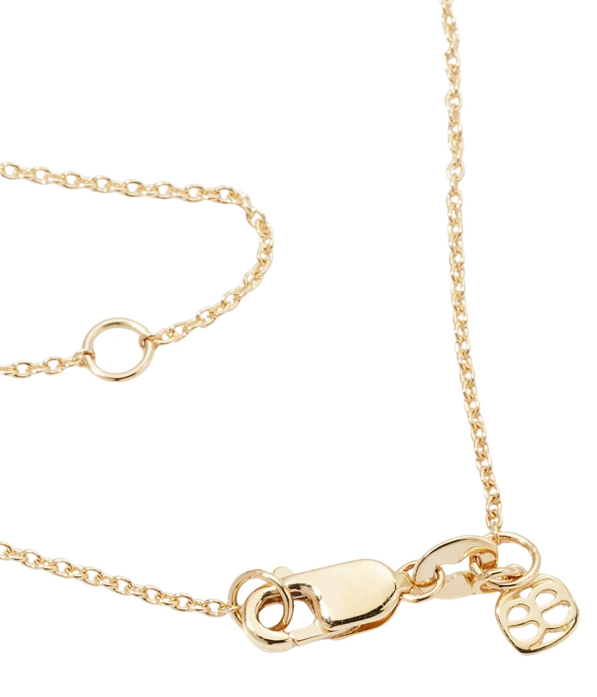 Close-up of the clasp, extender ring and small engraved charm on the chain of the Sydney Evan Mama Script Necklace In 14K Yellow Gold
