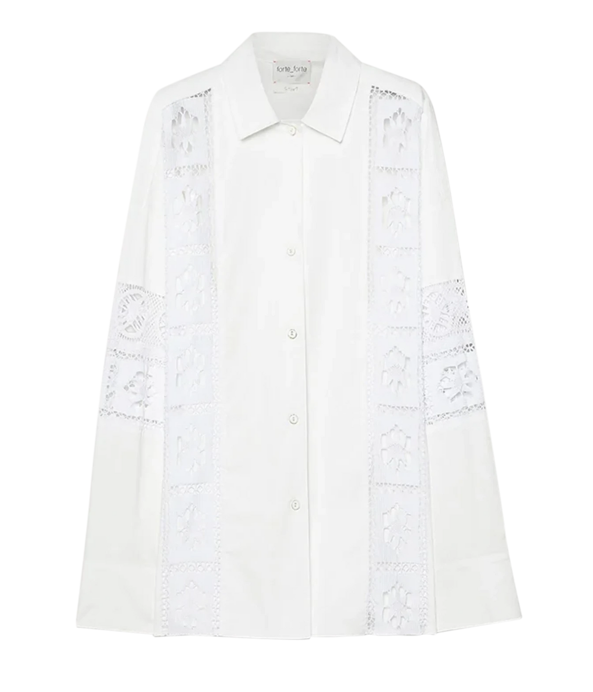 Front product view of the Forte Forte cotton poplin shirt in Diamond white, with a pointed collar, button front and lace inlays down the front and sleeves.