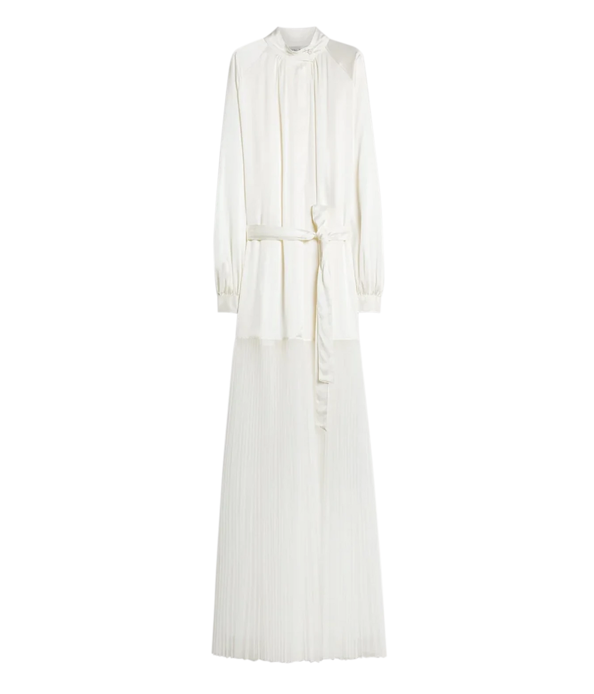 Front product view of the Forte Forte silk satin and plissé tulle dress in Diamond, an ivory long dress with balloon sleeves and a tie belt.
